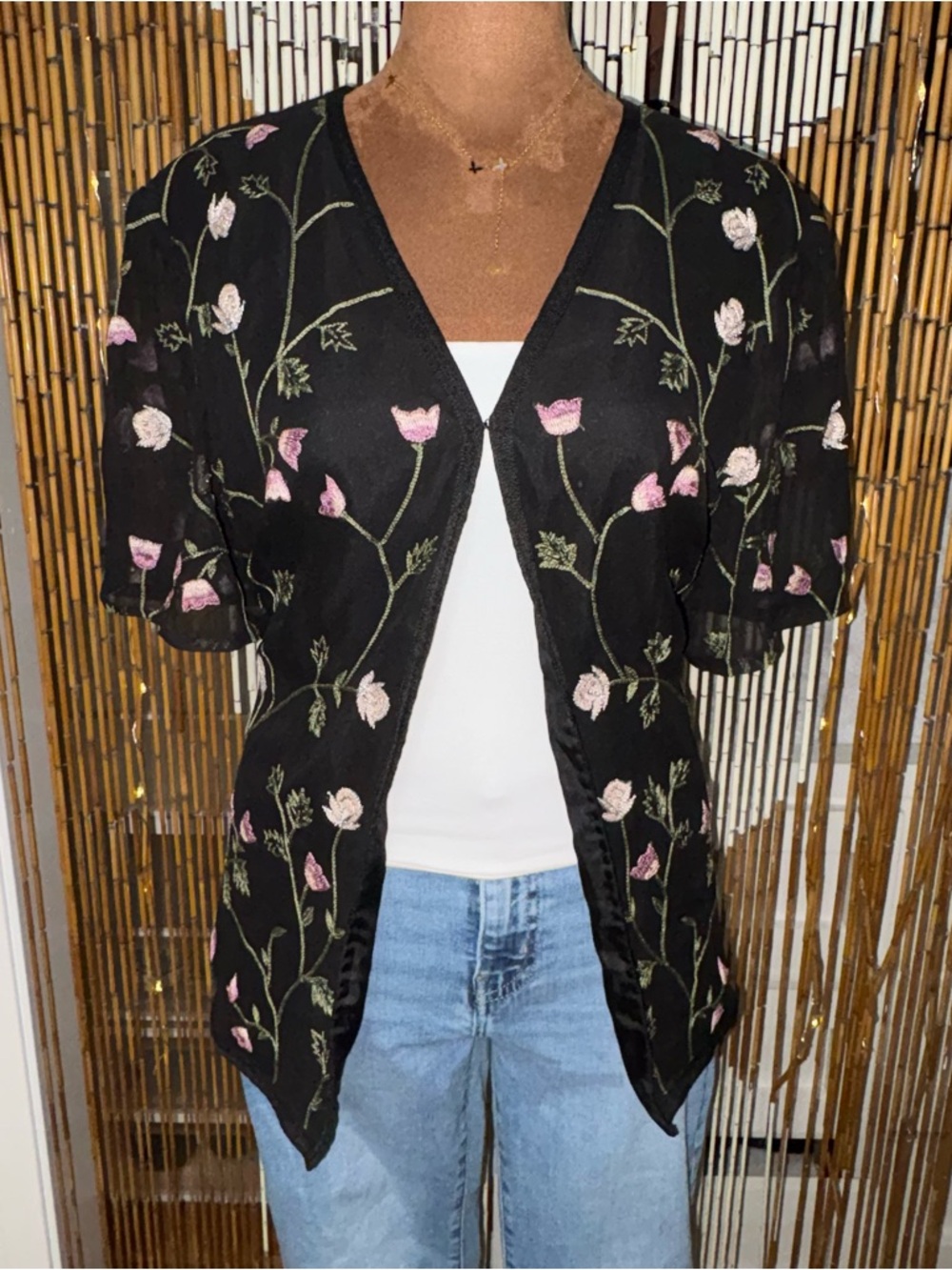 Vintage Adrianna Papell Silk Floral Embroidered Sheer Blouse Top